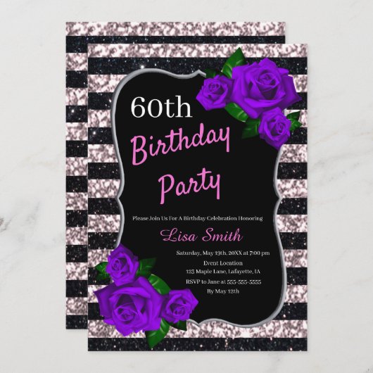 Invitation Anniversaire Noir rose rayures Parties scintillant (Devant / Derrière)