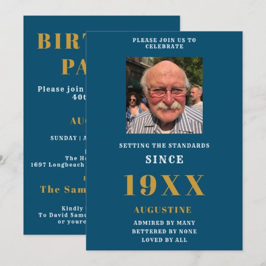 Invitation Anniversaire Nom du Modèle photo Elegant Blue Gold (Devant / Derrière)