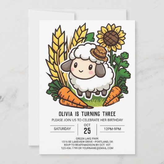 Invitation Anniversaire numérique de mouton mignon (Devant)
