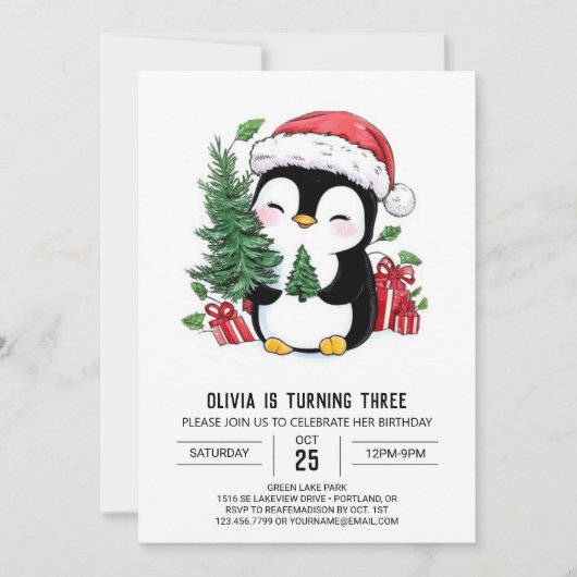 Invitation Anniversaire numérique du pingouin à flocon de nei (Devant)