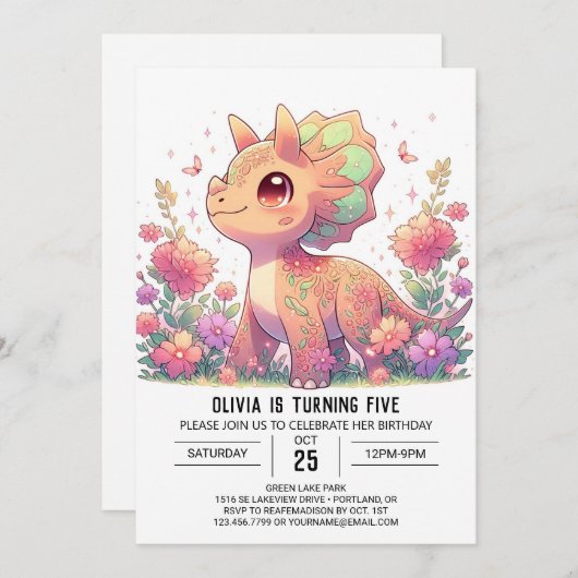 Invitation Anniversaire numérique Pastel Dino Dinosaur (Devant / Derrière)