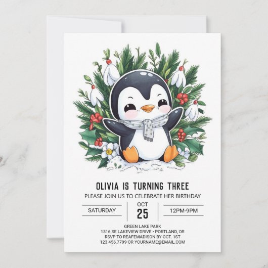 Invitation Anniversaire numérique Pastel Snow Penguin (Devant)