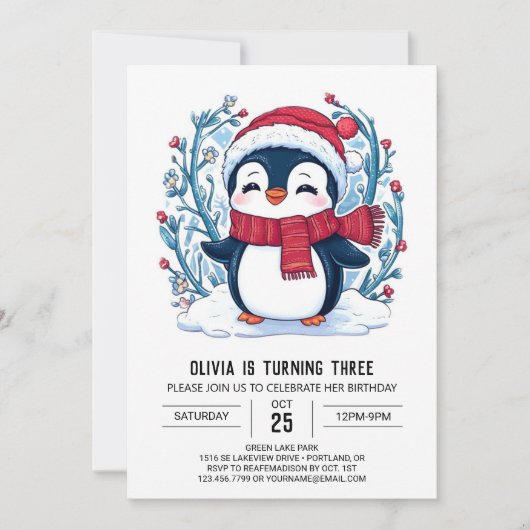 Invitation Anniversaire numérique Whimsical Little Penguin (Devant)