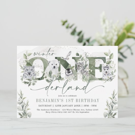 Invitation Anniversaire ONEderland Hiver Animaux Arctiques Ve (Debout devant)