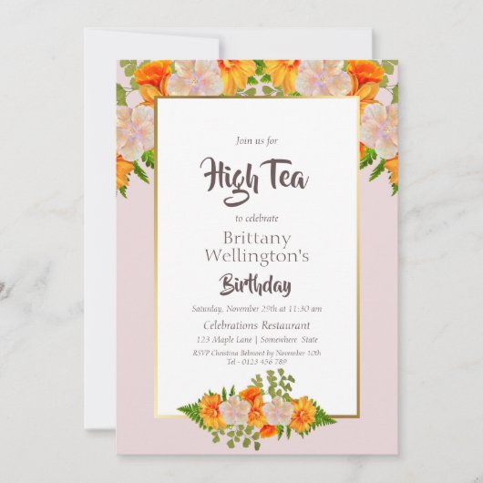 Invitation Anniversaire Or Blush Rose Orange Floral Haut Thé (Devant)