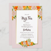 Invitation Anniversaire Or Blush Rose Orange Floral Haut Thé (Devant / Derrière)