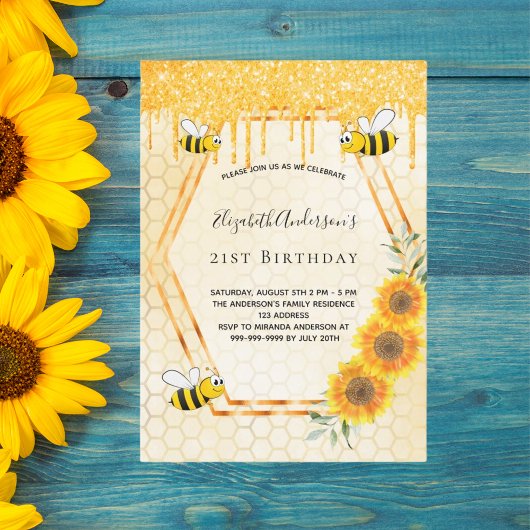 Invitation Anniversaire or bumble abeilles tournesol parties