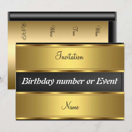 Invitation Anniversaire Or et Noir (Devant / Derrière)