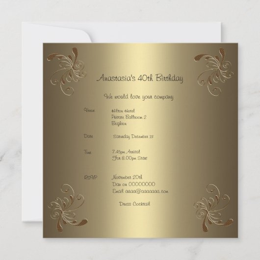 Invitation Anniversaire Or Floral 2 (Devant)