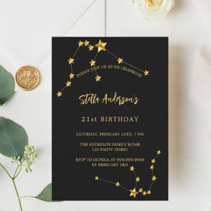 Invitation Anniversaire or noir constellation d'étoiles Aquar