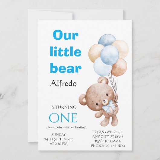 Invitation anniversaire ours ballon (Devant)