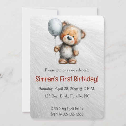 Invitation Anniversaire ours en peluche et ballon modifiable (Devant)