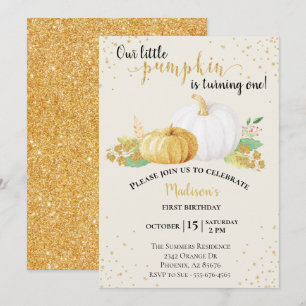 Invitation Anniversaire  Paillettes dorées Citrouille blanche