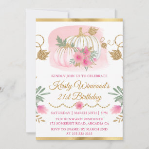 Invitation Anniversaire Paillettes Or Citrouille Rose Aquarel