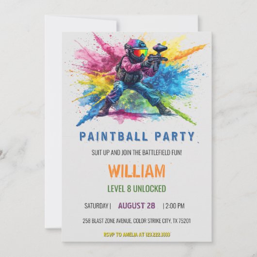 Invitation Anniversaire Paintball Gouche Colorée (Devant)