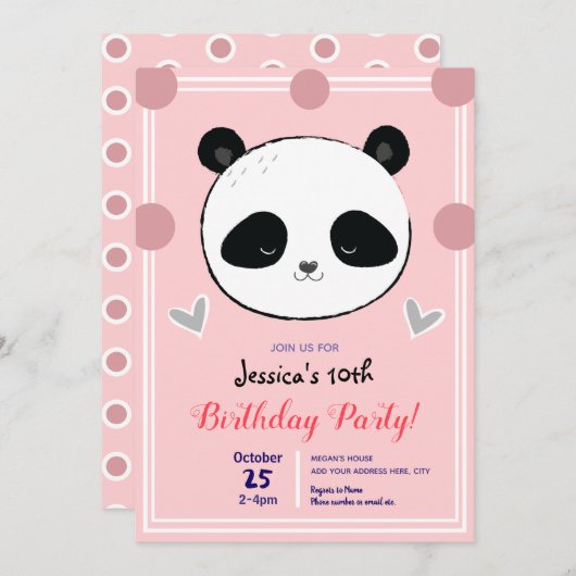 Invitation Anniversaire Panda Face et Pois roses (Devant / Derrière)