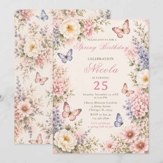 Invitation Anniversaire Papillon Floral (Devant / Derrière)