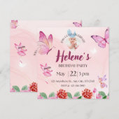 Invitation anniversaire papillon illustratif rose (Devant / Derrière)