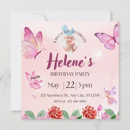 Invitation anniversaire papillon illustratif rose (Devant)