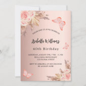 Invitation Anniversaire papillon pampas herbe blush or rose (Devant)