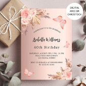 Invitation Anniversaire papillon pampas herbe blush or rose
