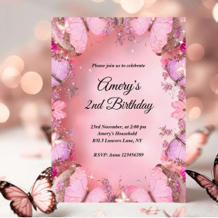 Invitation Anniversaire Papillon Rose Violet Élégant Pailleté