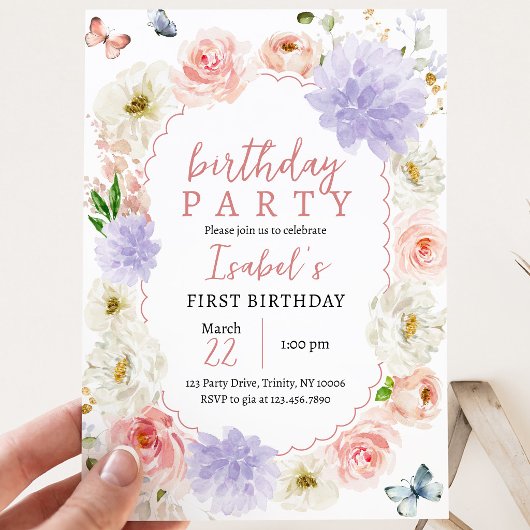 Invitation Anniversaire Papillon Rose Violet Pastel