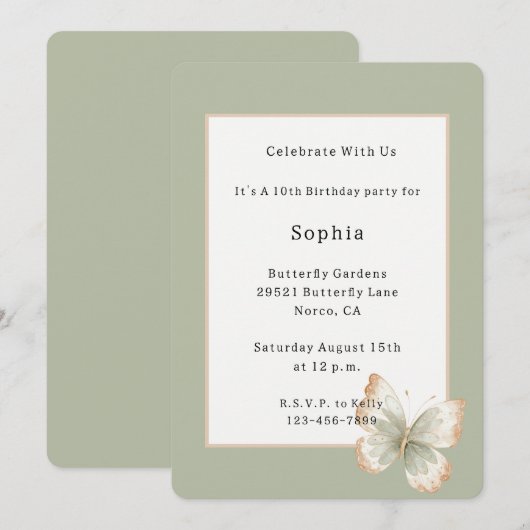 Invitation Anniversaire Papillon Vert Crème Brun (Devant / Derrière)