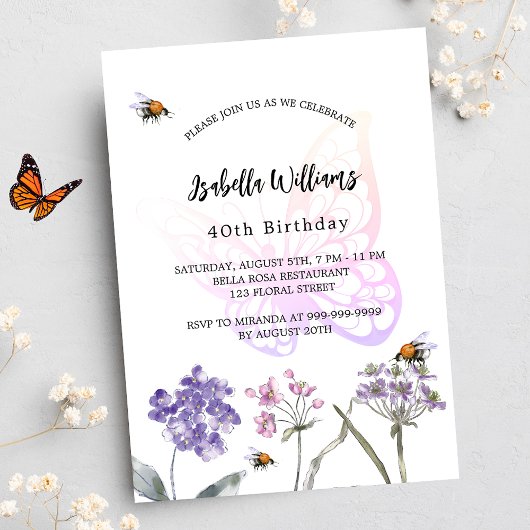 Invitation Anniversaire papillon violet fleur sauvage luxe