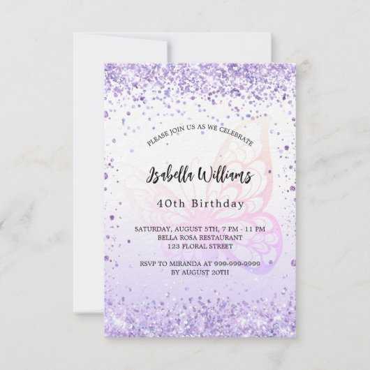 Invitation Anniversaire papillon violet lavande script luxe (Devant)