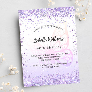 Invitation Anniversaire papillon violet lavande script luxe