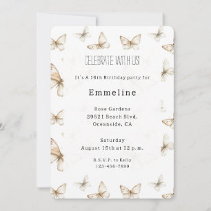 Invitation Anniversaire Papillons Blanc Crème Or Chic