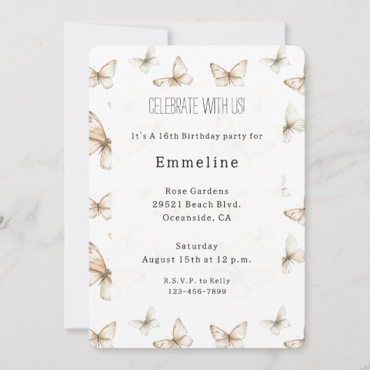 Invitation Anniversaire Papillons Blanc Crème Or Chic (Devant)