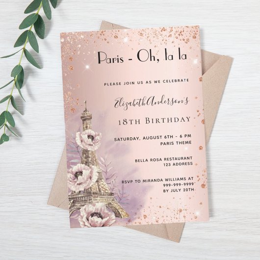 Invitation Anniversaire Paris rose or Tour Eiffel