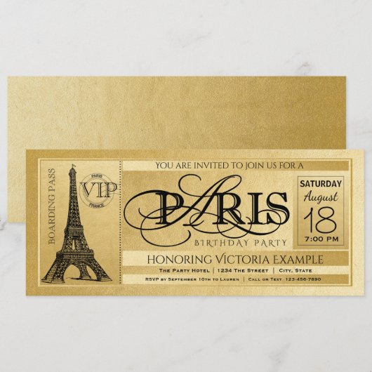 Invitation anniversaire Paris Ticket Or Paris (Devant / Derrière)