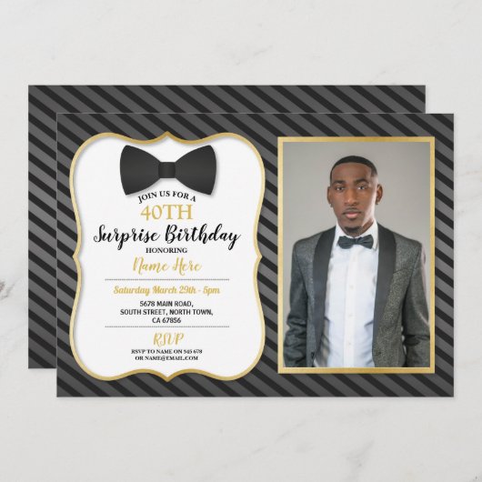 Invitation Anniversaire Partie Bowtie Black Cravate Hommes Fe (Devant / Derrière)