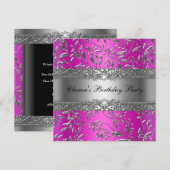 Invitation Anniversaire Partie Diamond Hot rose Floral Argent (Devant / Derrière)
