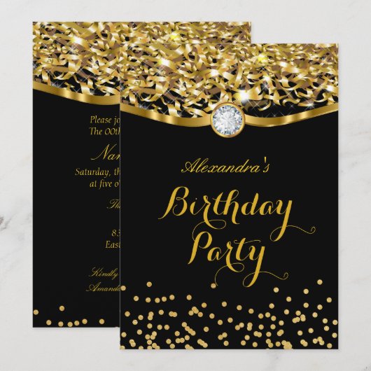 Invitation Anniversaire Parties scintillant Gold Black Invita (Devant / Derrière)