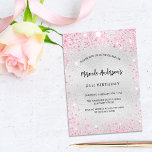 Invitation Anniversaire parties scintillant rose argent luxe<br><div class="desc">Pour un 21ème anniversaire élégant (ou tout âge). Un arrière - plan faux argenté. Décoré de faux parties scintillant rose,  brille. Personnalisez et ajoutez un nom,  un âge et des détails de la fête. Le nom est écrit avec un script de style manuscrit</div>