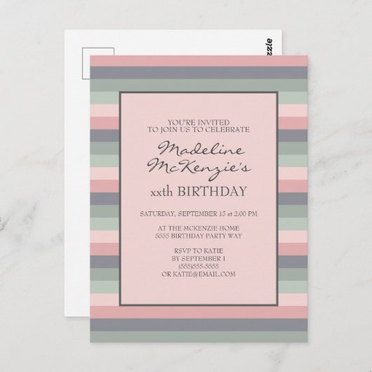 Invitation Anniversaire Pastel Rose Violet Vert Ra (Devant / Derrière)