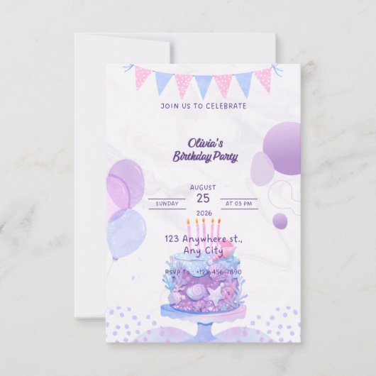 Invitation anniversaire pastel violet - Modifiable (Devant)