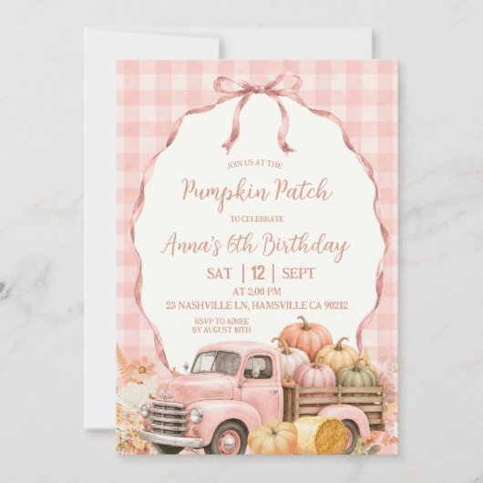 Invitation Anniversaire Patch Citrouille Gingham Rose Pâle (Devant)