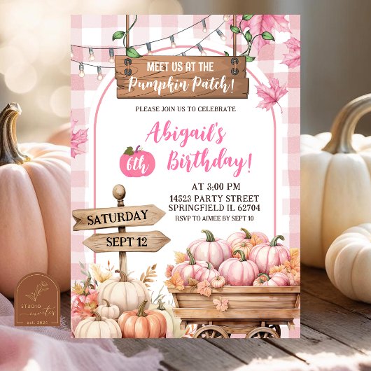 Invitation anniversaire patch de citrouille carreau rose