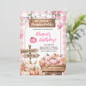 Invitation anniversaire patch de citrouille carreau rose (Debout devant)