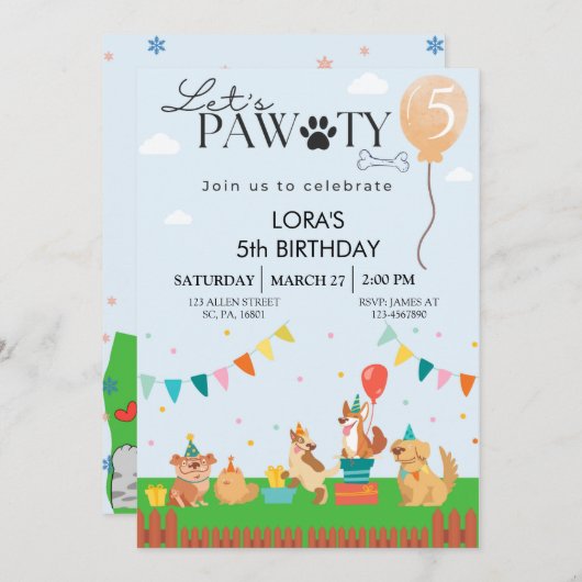 Invitation Anniversaire Paw-ty mignonne Chiens de Chien de Ch (Devant / Derrière)