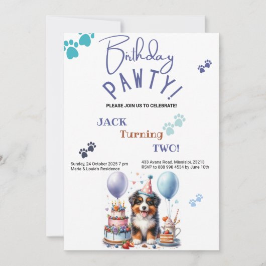 Invitation Anniversaire Pawty Australian Shepherd Dog Anniver (Devant)
