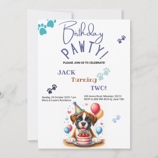 Invitation Anniversaire Pawty Boxer Chien Personnalisé Annive (Devant)