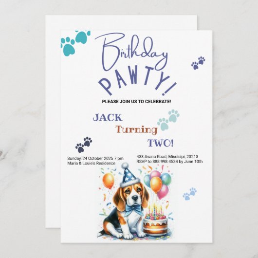 Invitation Anniversaire Pawty Chien Beagle Personnalisé Anniv (Devant / Derrière)