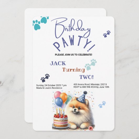 Invitation Anniversaire Pawty Pomeranian Chien Customisé Anni (Devant / Derrière)