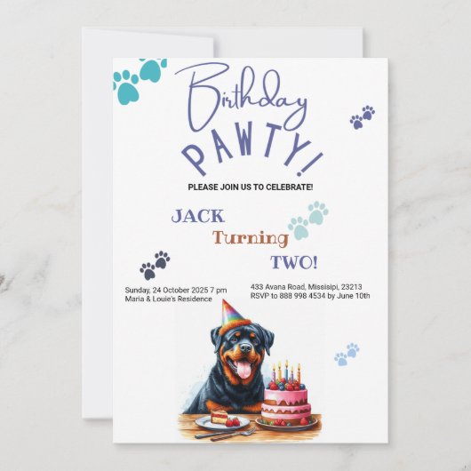 Invitation Anniversaire Pawty Rottweiler Chien Customisé Anni (Devant)